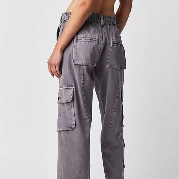 Free People Tahiti Light Blue Cotton Elastic Drawstring Waist Cargo Pants - Picture 3 of 8